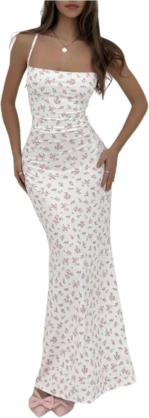 Floerns Women's Summer Backless Spaghetti Strap Floral Maxi Dress Sleeveless Criss Cross Cocktail Dress