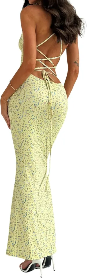 Floerns Women's Summer Backless Spaghetti Strap Floral Maxi Dress Sleeveless Criss Cross Cocktail Dress