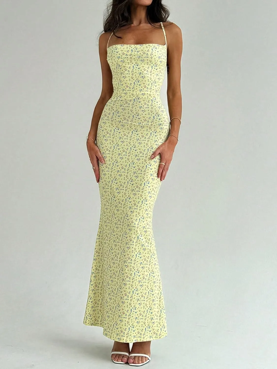 Floerns Women's Summer Backless Spaghetti Strap Floral Maxi Dress Sleeveless Criss Cross Cocktail Dress