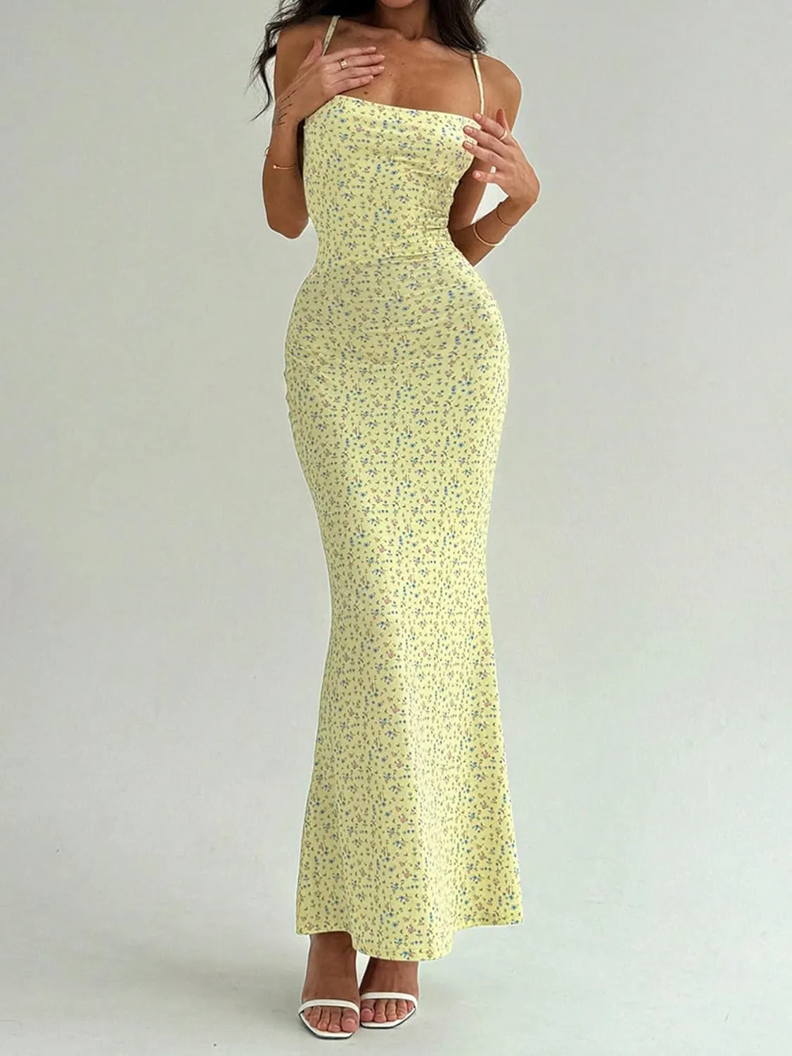 Floerns Women's Summer Backless Spaghetti Strap Floral Maxi Dress Sleeveless Criss Cross Cocktail Dress