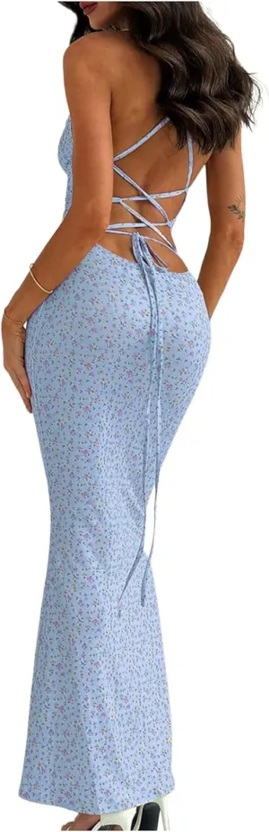 Floerns Women's Summer Backless Spaghetti Strap Floral Maxi Dress Sleeveless Criss Cross Cocktail Dress