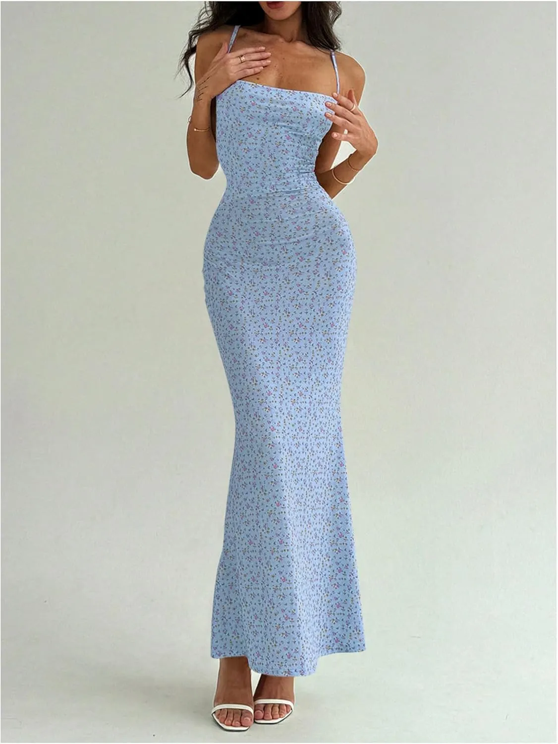 Floerns Women's Summer Backless Spaghetti Strap Floral Maxi Dress Sleeveless Criss Cross Cocktail Dress