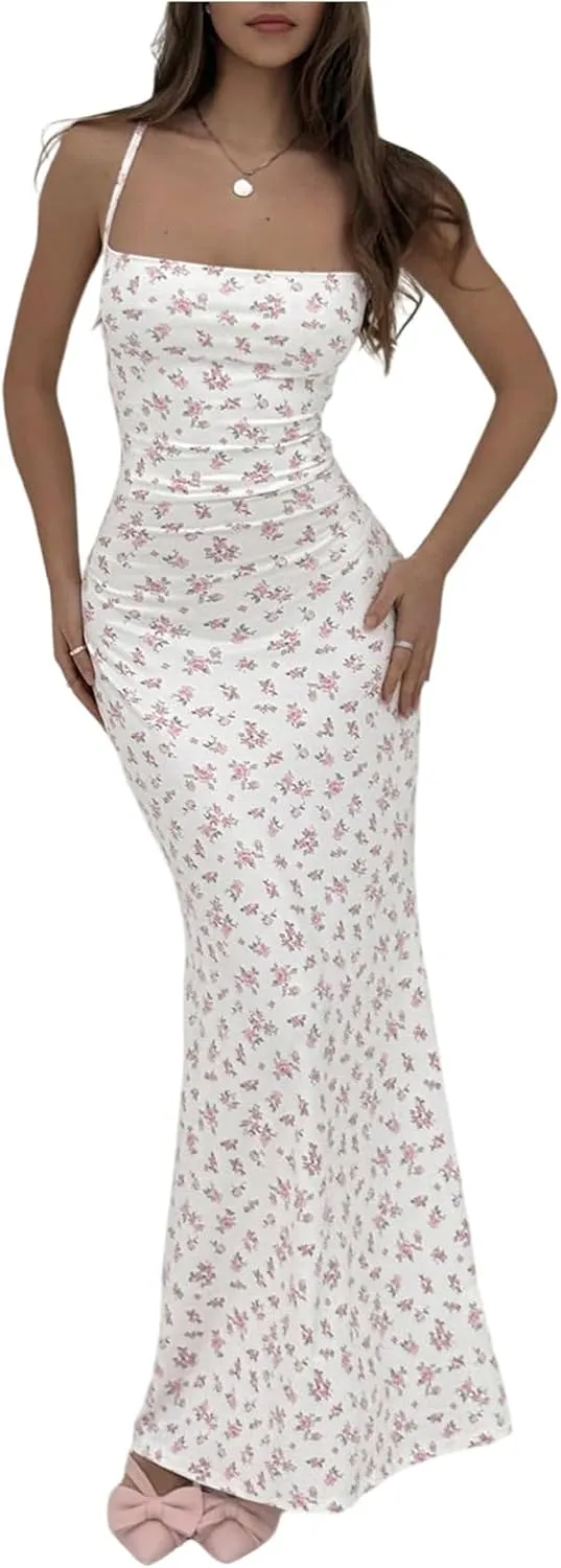 Floerns Women's Summer Backless Spaghetti Strap Floral Maxi Dress Sleeveless Criss Cross Cocktail Dress