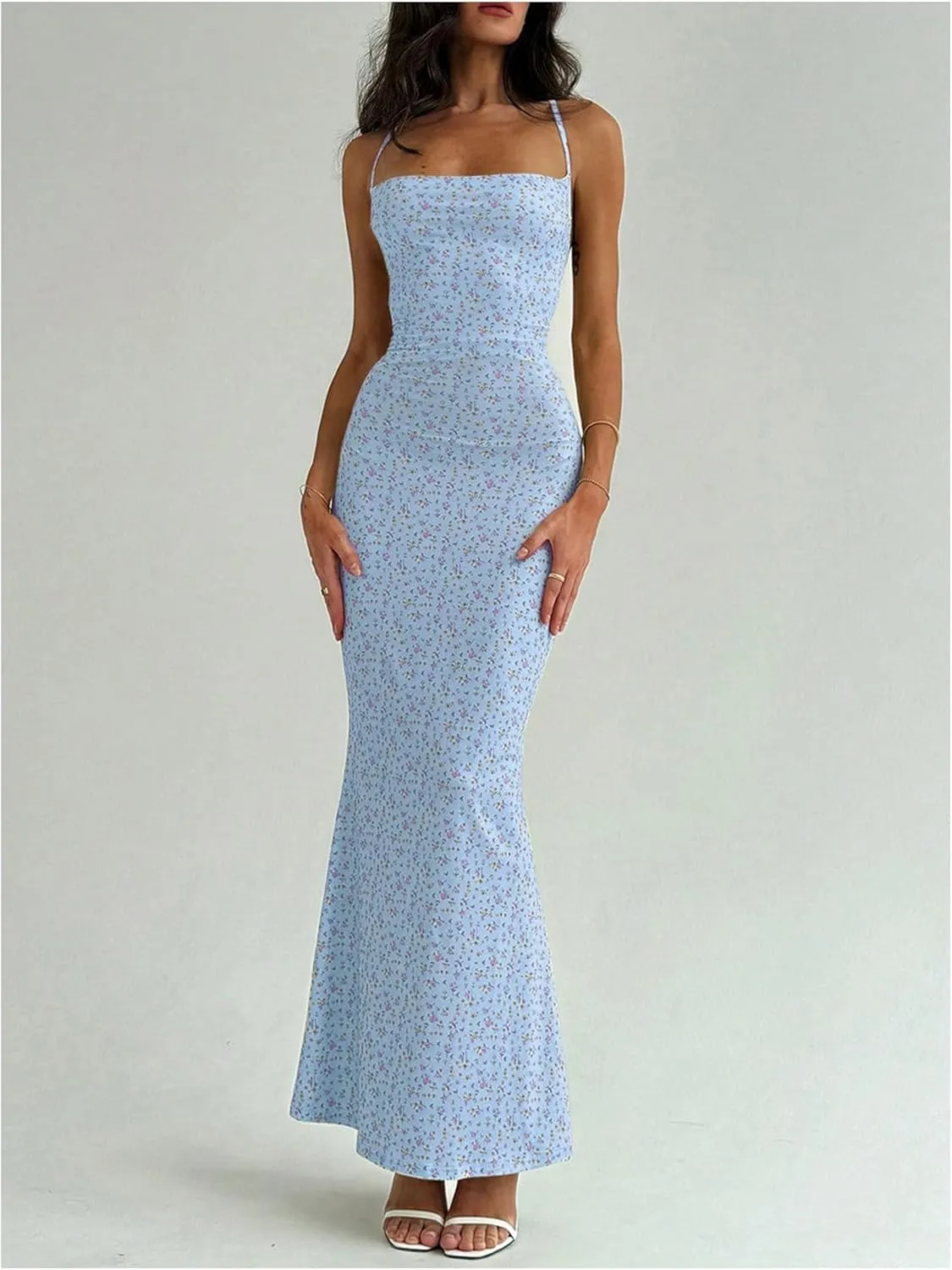 Floerns Women's Summer Backless Spaghetti Strap Floral Maxi Dress Sleeveless Criss Cross Cocktail Dress