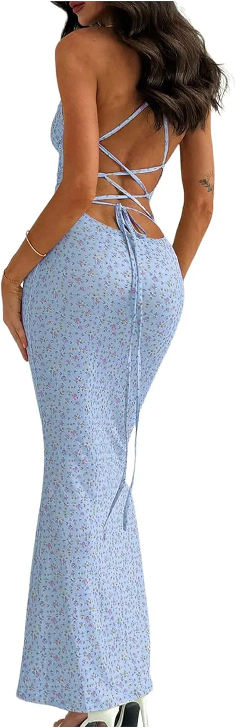 Floerns Women's Summer Backless Spaghetti Strap Floral Maxi Dress Sleeveless Criss Cross Cocktail Dress