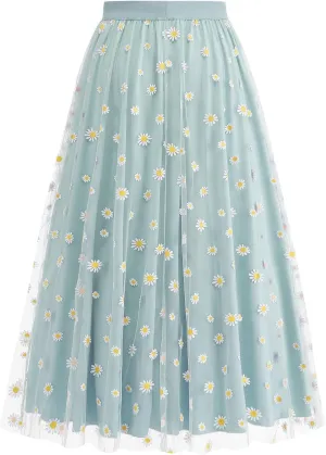 Floral Skirts for Women Boho A-Line Elastic High Waisted Ruffle Mesh Double Layed Skirts Causal Comfy Skirts