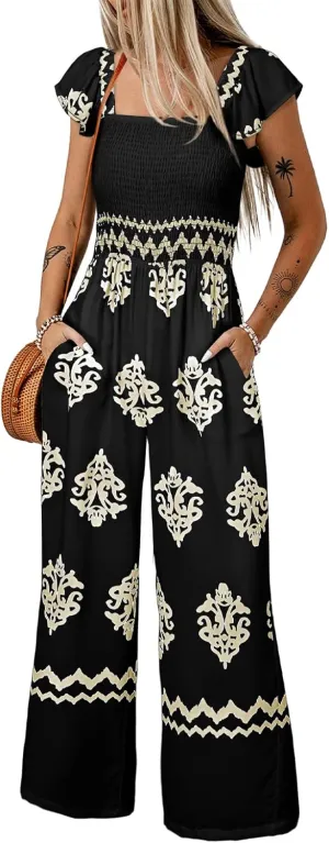 Happy Sailed Womens Summer Jumpsuits Printed Square Neck High Waisted Pockets Wide Leg Rompers Beach Fashion Vacation Outfits