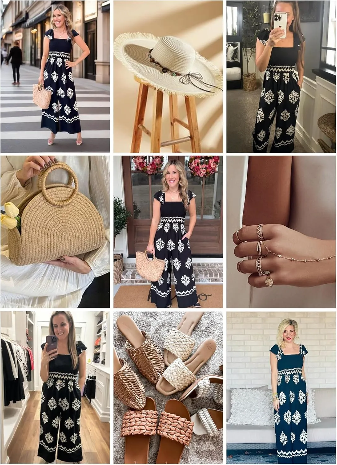 Happy Sailed Womens Summer Jumpsuits Printed Square Neck High Waisted Pockets Wide Leg Rompers Beach Fashion Vacation Outfits