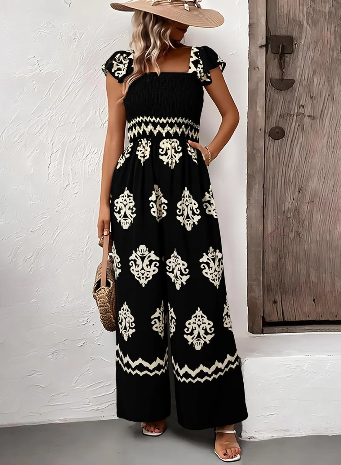 Happy Sailed Womens Summer Jumpsuits Printed Square Neck High Waisted Pockets Wide Leg Rompers Beach Fashion Vacation Outfits