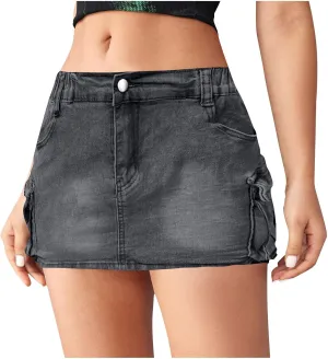 High Stretchy Cargo Skirt for Women, Low Waist High Waisted Y2k Mini Jean Skirt Cute Denim Skirt with Pockets