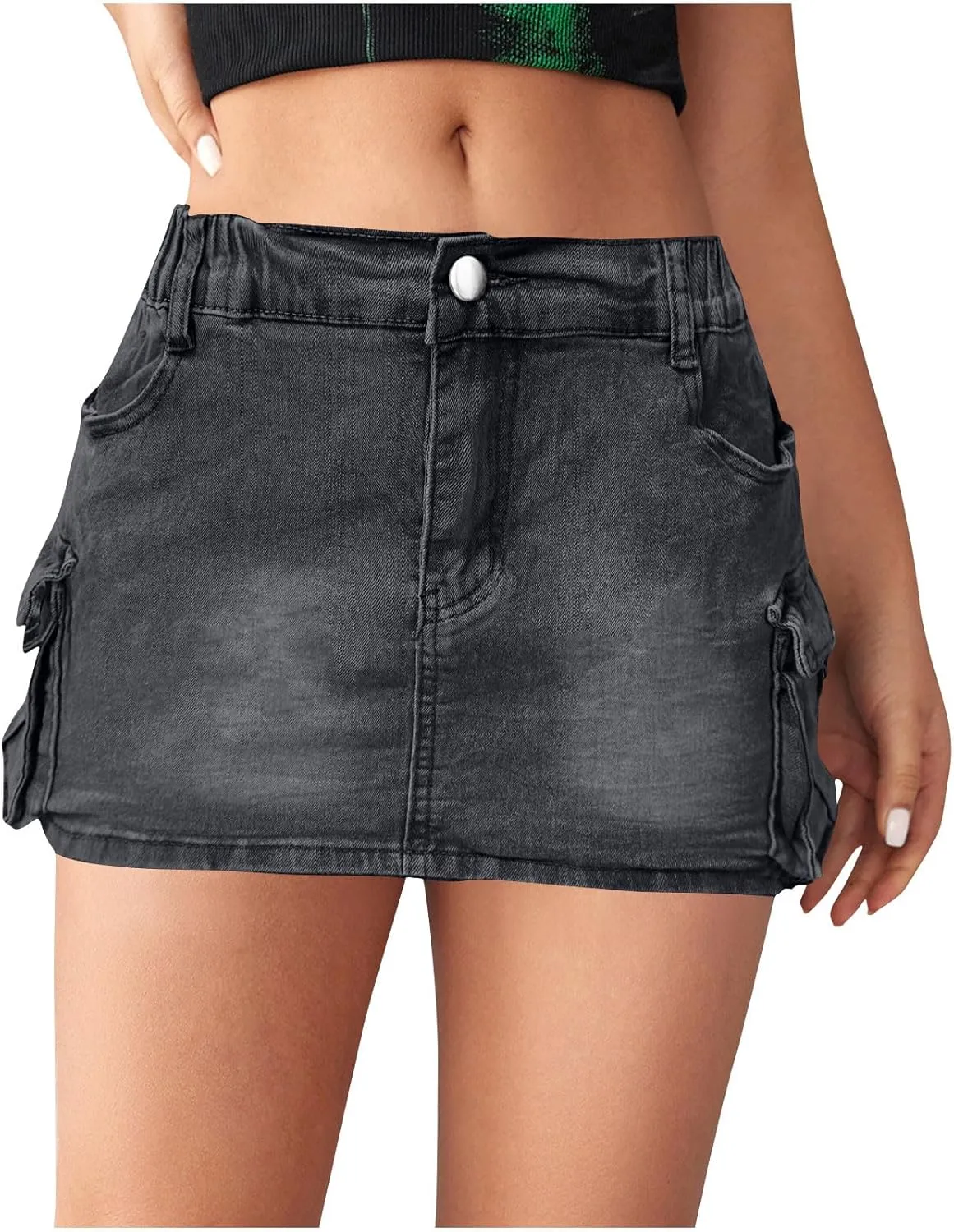 High Stretchy Cargo Skirt for Women, Low Waist High Waisted Y2k Mini Jean Skirt Cute Denim Skirt with Pockets