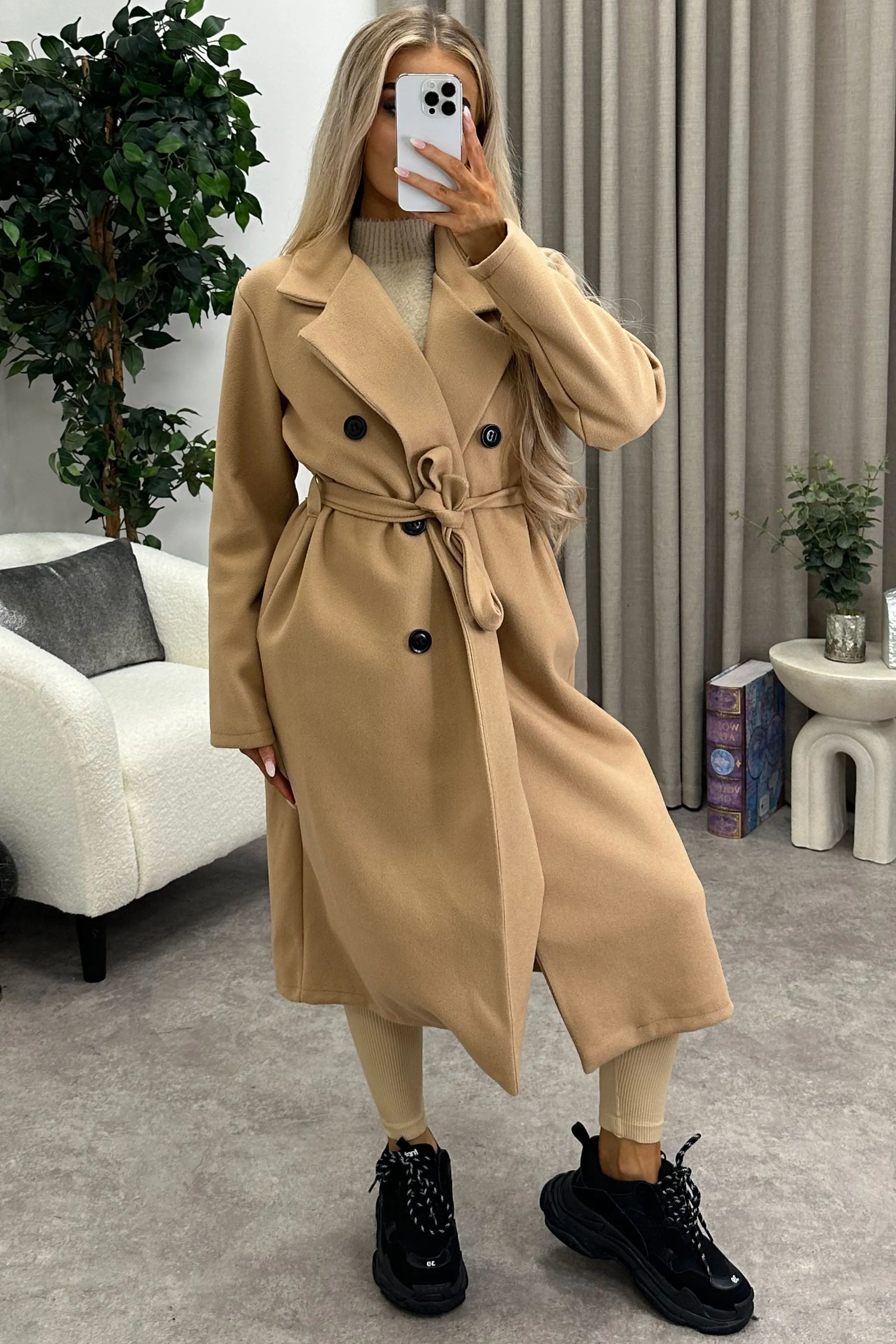 Kennie Dark Beige Wool Button Up Belted Trench Longline Coat
