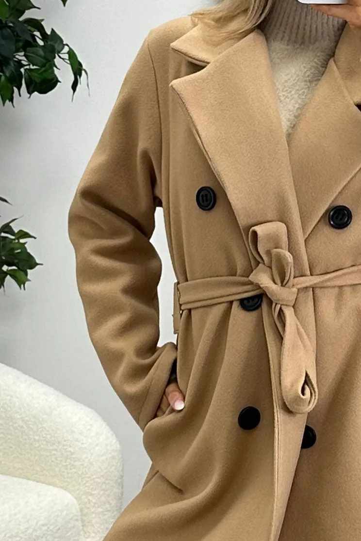 Kennie Dark Beige Wool Button Up Belted Trench Longline Coat
