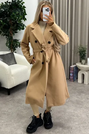 Kennie Dark Beige Wool Button Up Belted Trench Longline Coat