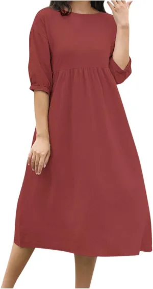 Linen Dress for Women 2024 Long Sleeve Dresses Square Neck Smocked Ruffle Casual Trendy Pullover Dress