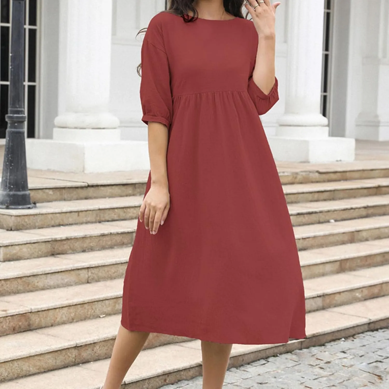Linen Dress for Women 2024 Long Sleeve Dresses Square Neck Smocked Ruffle Casual Trendy Pullover Dress