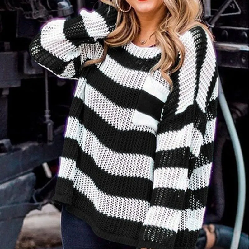 Loose Pocket Decorated Striped Sweater