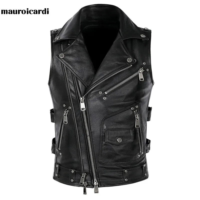 Mauroicardi  Black Motorcycle Leather Vest Men with Zipper Pockets