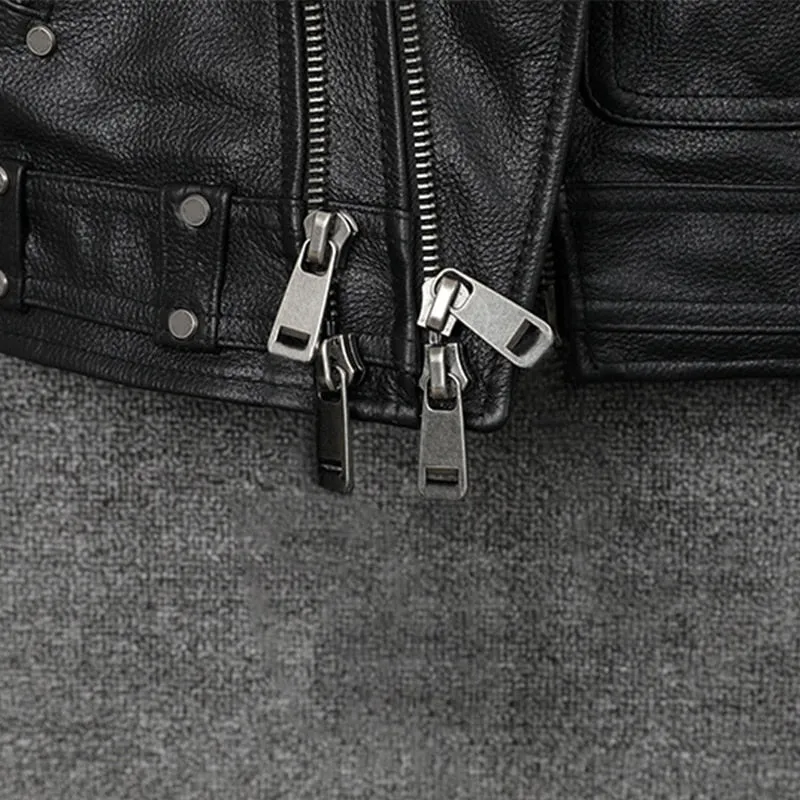 Mauroicardi  Black Motorcycle Leather Vest Men with Zipper Pockets