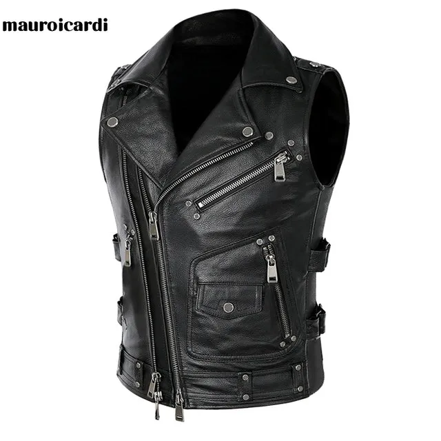 Mauroicardi  Black Motorcycle Leather Vest Men with Zipper Pockets