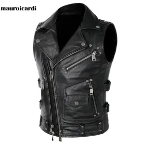 Mauroicardi  Black Motorcycle Leather Vest Men with Zipper Pockets