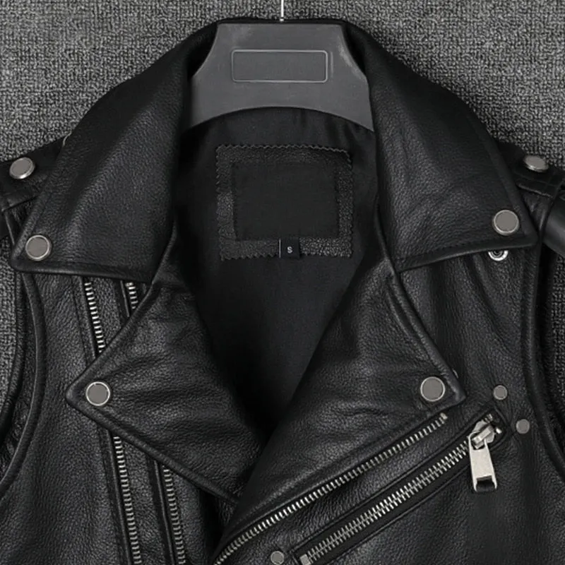 Mauroicardi  Black Motorcycle Leather Vest Men with Zipper Pockets