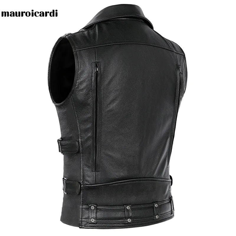 Mauroicardi  Black Motorcycle Leather Vest Men with Zipper Pockets