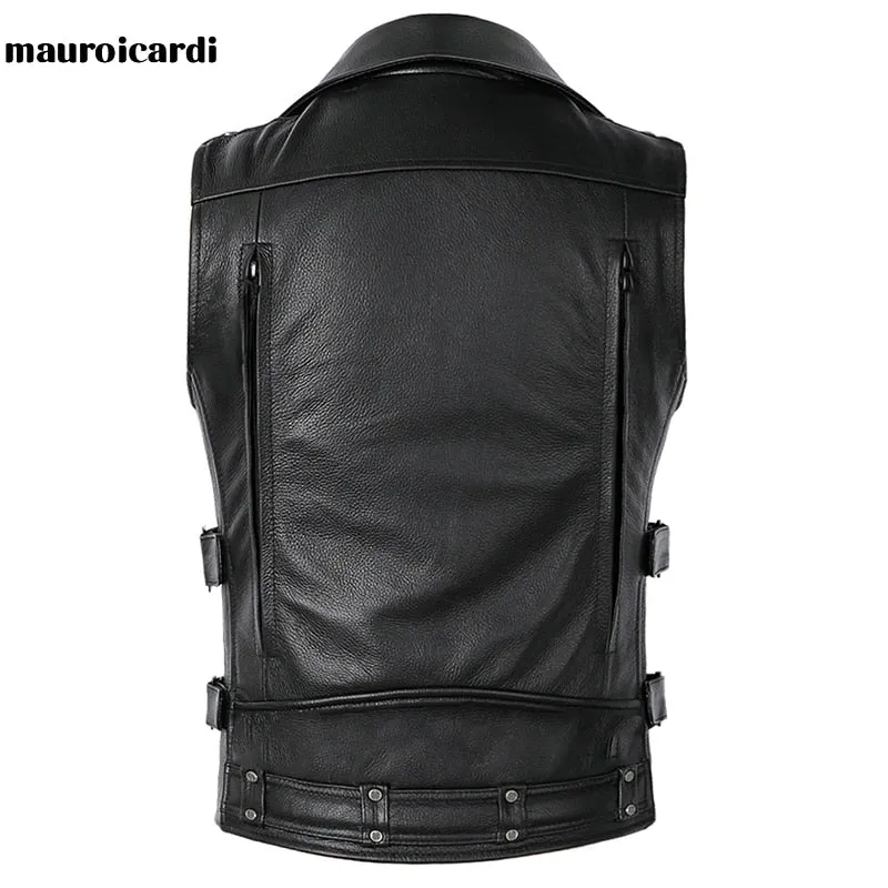 Mauroicardi  Black Motorcycle Leather Vest Men with Zipper Pockets