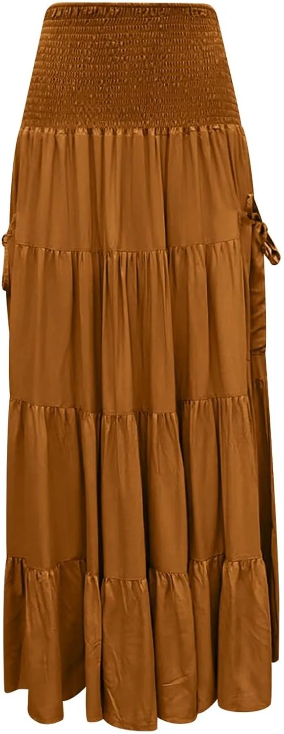 Maxi Skirt for Women Elastic Wrap Waist Beach Flowy Long Skirts with Pockets Casual Boho Ruched A-Line Dress