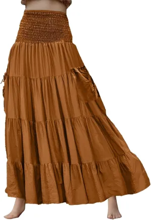 Maxi Skirt for Women Elastic Wrap Waist Beach Flowy Long Skirts with Pockets Casual Boho Ruched A-Line Dress