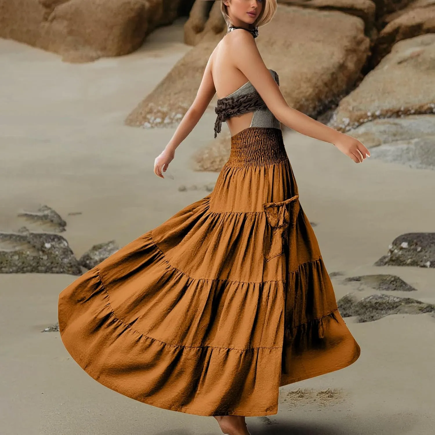Maxi Skirt for Women Elastic Wrap Waist Beach Flowy Long Skirts with Pockets Casual Boho Ruched A-Line Dress