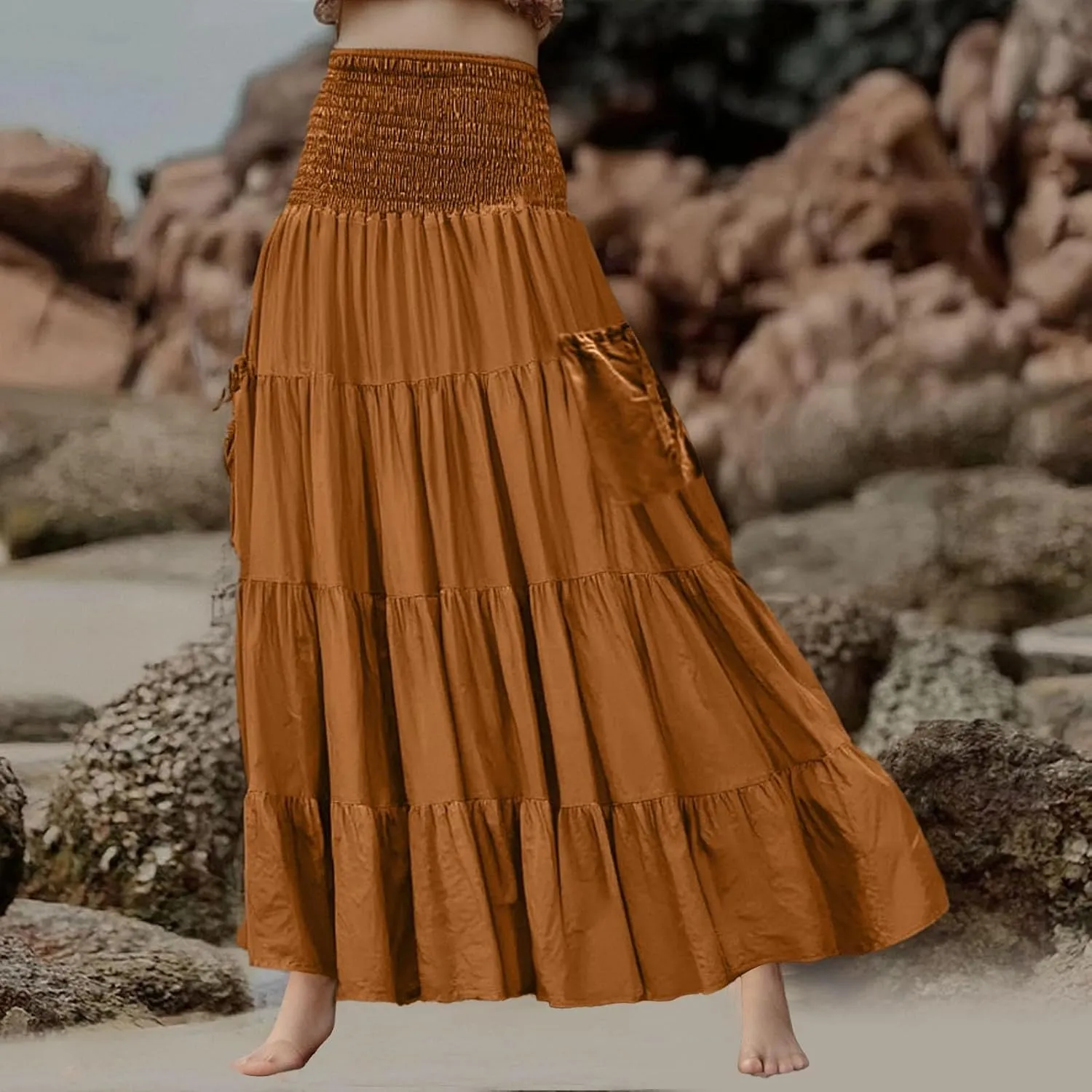 Maxi Skirt for Women Elastic Wrap Waist Beach Flowy Long Skirts with Pockets Casual Boho Ruched A-Line Dress