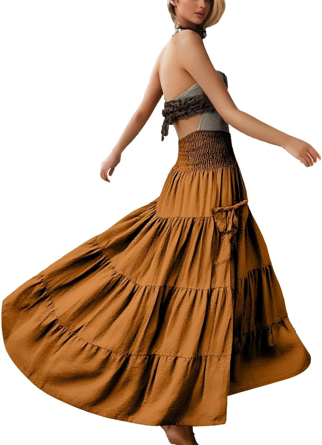 Maxi Skirt for Women Elastic Wrap Waist Beach Flowy Long Skirts with Pockets Casual Boho Ruched A-Line Dress