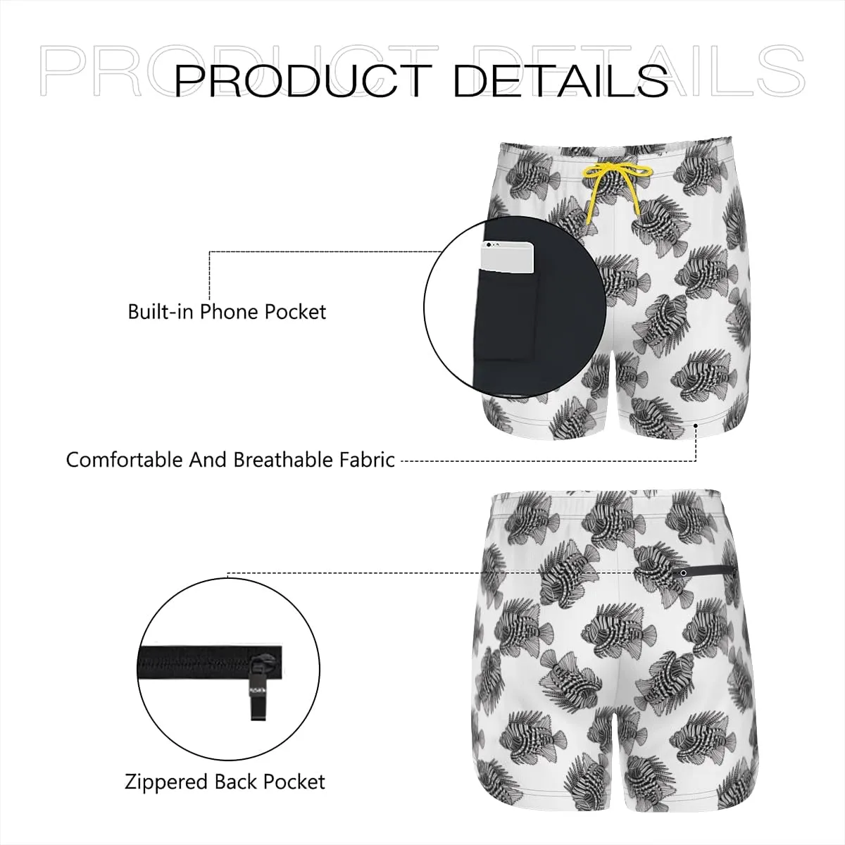 Men's Vintage Hawaiian Trunks Lionfish Patterned Swim Trunks Pockets Zippered Secure Multiple Side