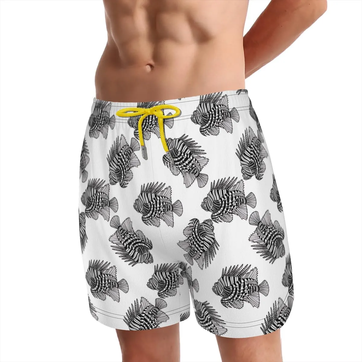 Men's Vintage Hawaiian Trunks Lionfish Patterned Swim Trunks Pockets Zippered Secure Multiple Side