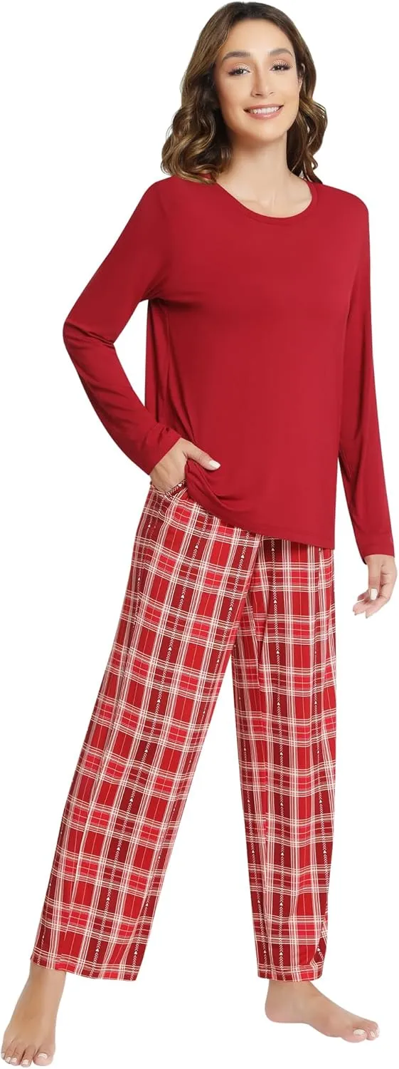 NACHILA Pajamas Set for Women-Viscose Made from Bamboo, Long Sleeve Pjs Printed Sleepwear with Pants Crew Neck Loungewear