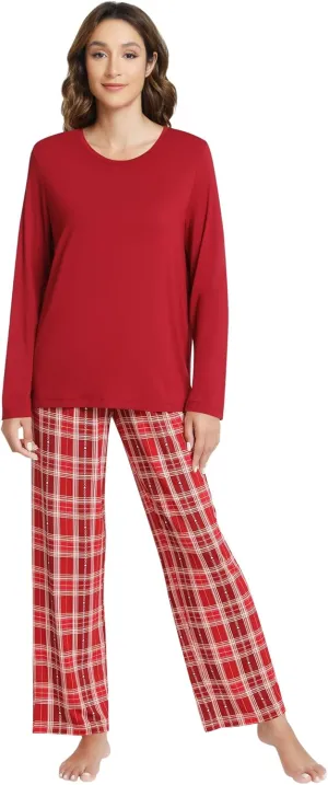 NACHILA Pajamas Set for Women-Viscose Made from Bamboo, Long Sleeve Pjs Printed Sleepwear with Pants Crew Neck Loungewear