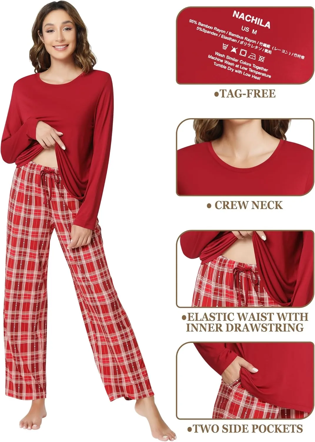 NACHILA Pajamas Set for Women-Viscose Made from Bamboo, Long Sleeve Pjs Printed Sleepwear with Pants Crew Neck Loungewear