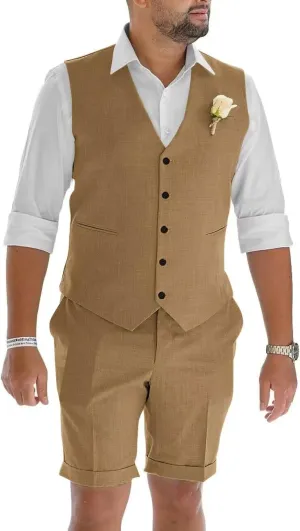 Netsky Mens Linen Suit 2 Piece Slim Fit Short Suits Lightweight Prom Tuxedo Vest and Short Pants for Summer Beach Wedding