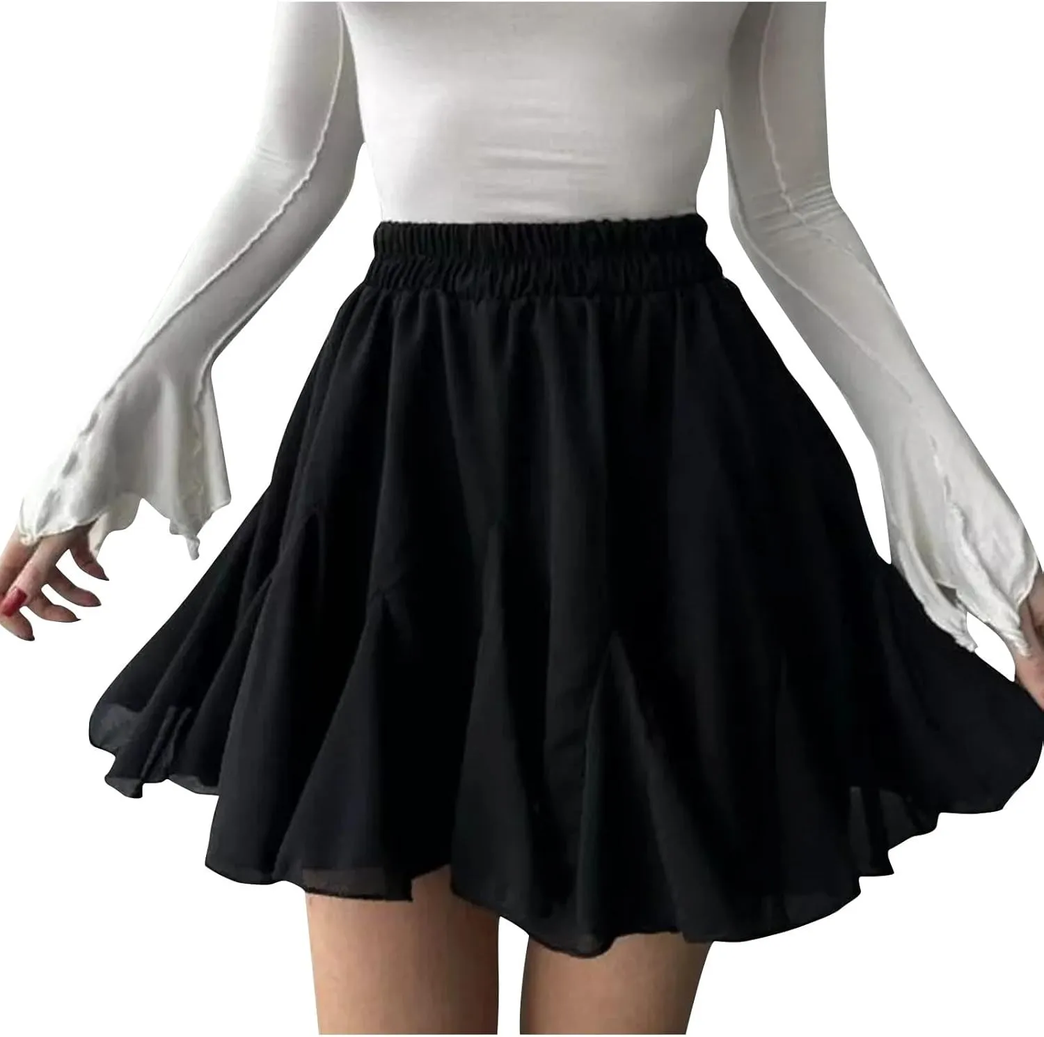 Oplxuo Women's Pleated Skater Skirt Basic Solid Color Casual High Waisted Ruffles Flared Mini Lingerie Skirts with Pockets