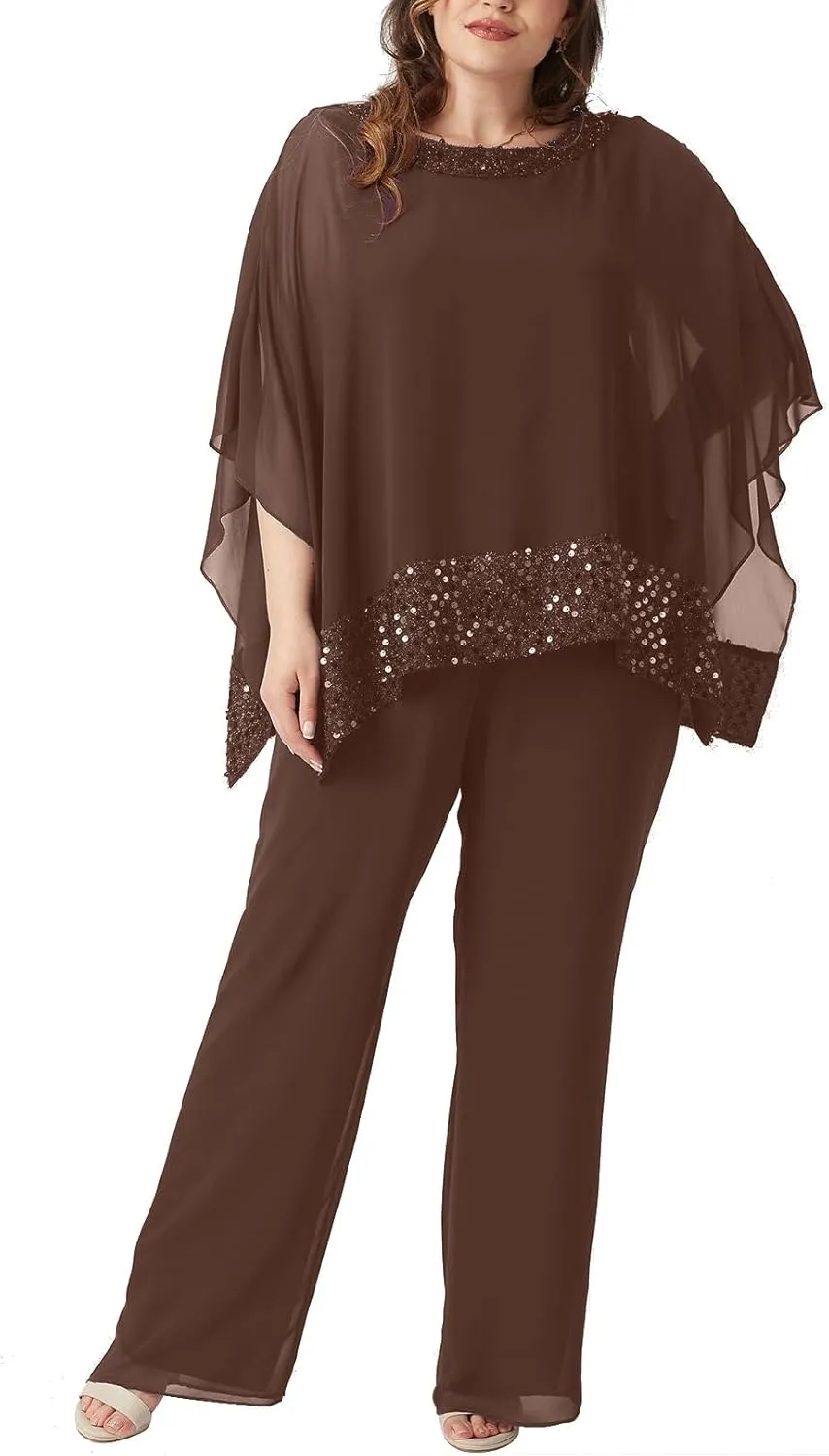 Plus Size Mother of Bride Pant Suits 3 Piece Chiffon Sets Sequins Wedding Guest Outfit