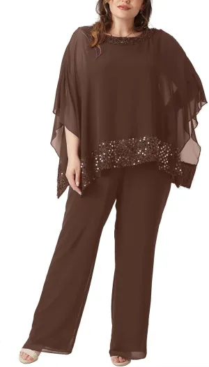 Plus Size Mother of Bride Pant Suits 3 Piece Chiffon Sets Sequins Wedding Guest Outfit