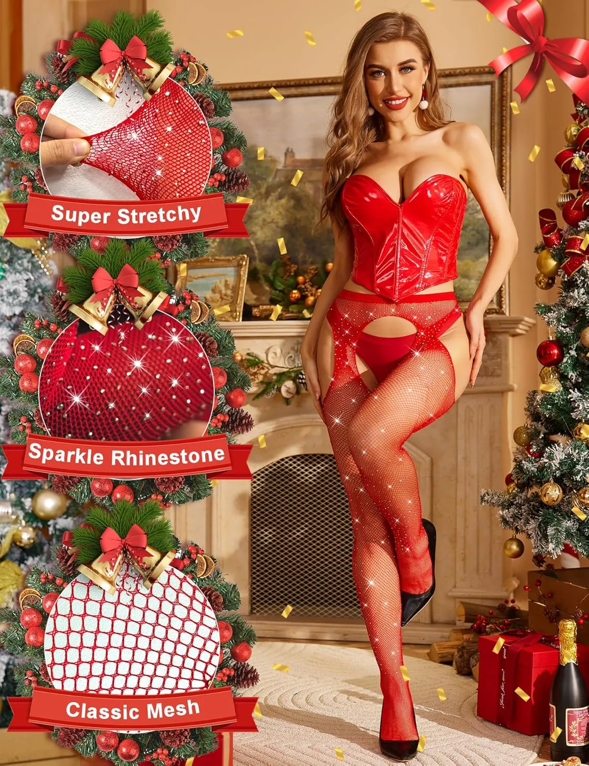 RSLOVE Fishnet Stockings Rhinestone High Waist Tights Pantyhose Women's Sexy Sparkle Stockings