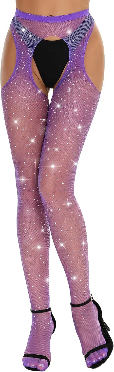 RSLOVE Fishnet Stockings Rhinestone High Waist Tights Pantyhose Women's Sexy Sparkle Stockings