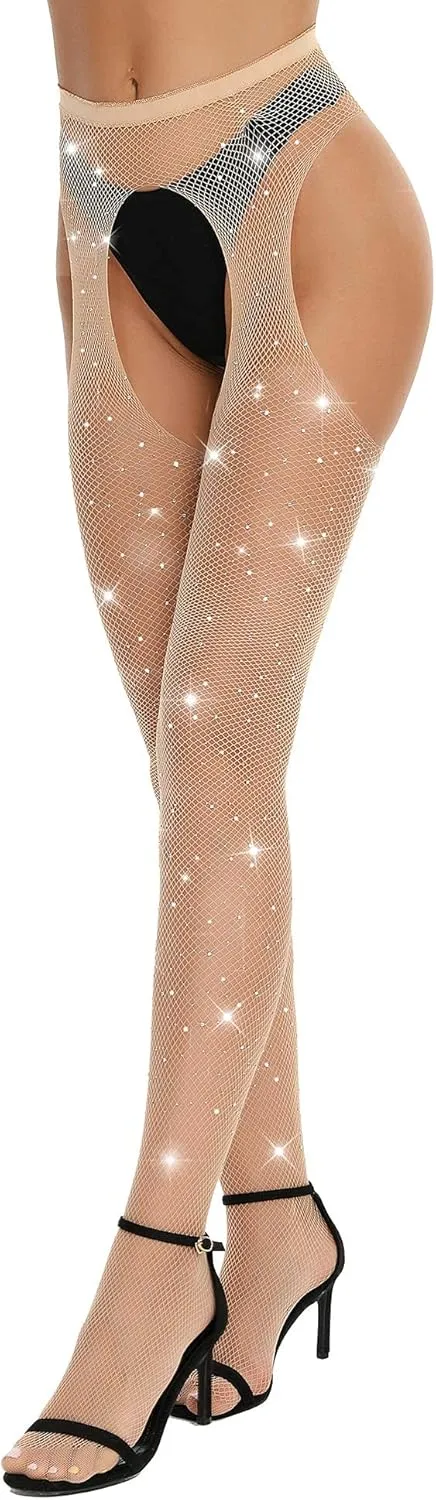RSLOVE Fishnet Stockings Rhinestone High Waist Tights Pantyhose Women's Sexy Sparkle Stockings