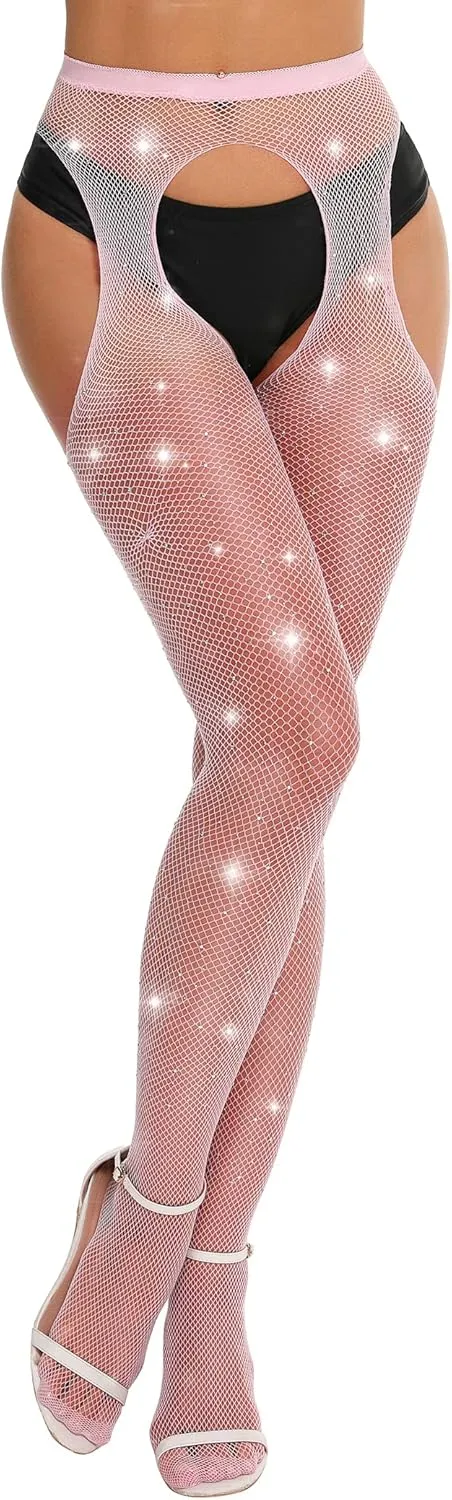 RSLOVE Fishnet Stockings Rhinestone High Waist Tights Pantyhose Women's Sexy Sparkle Stockings