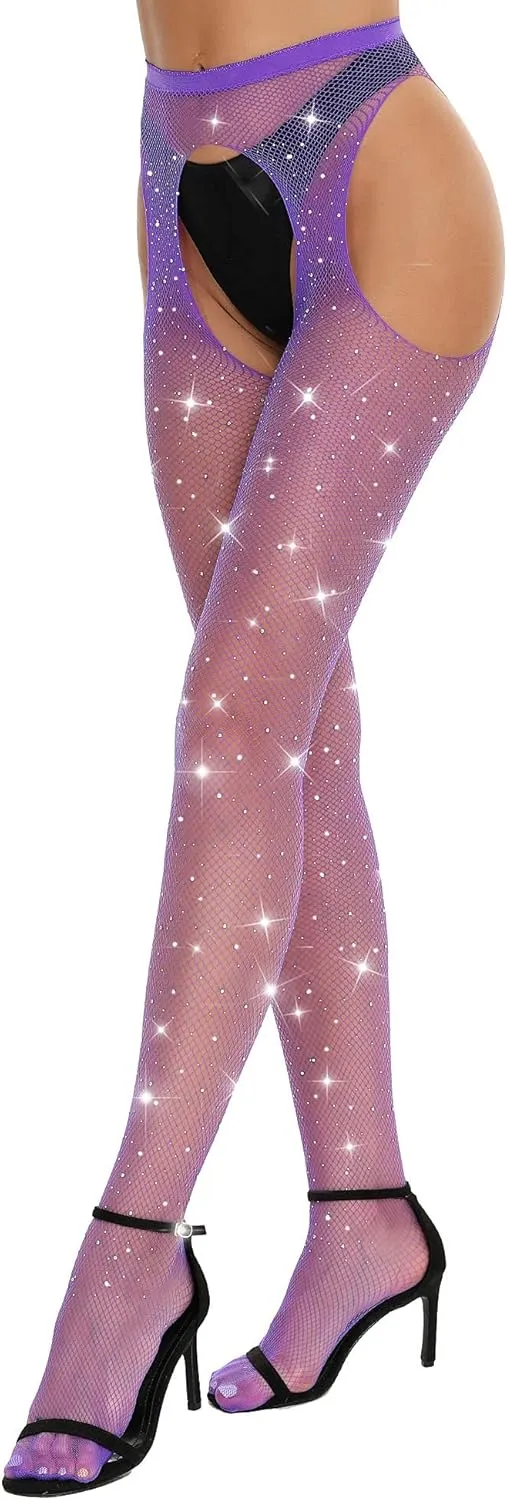 RSLOVE Fishnet Stockings Rhinestone High Waist Tights Pantyhose Women's Sexy Sparkle Stockings