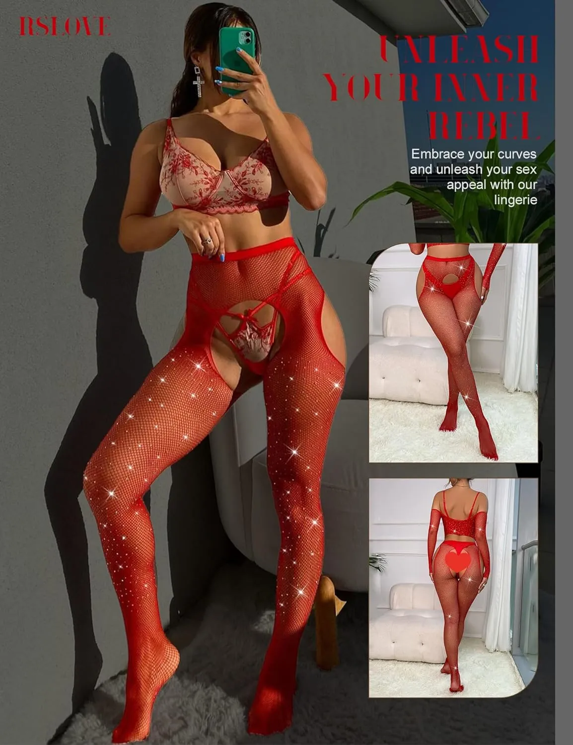 RSLOVE Fishnet Stockings Rhinestone High Waist Tights Pantyhose Women's Sexy Sparkle Stockings