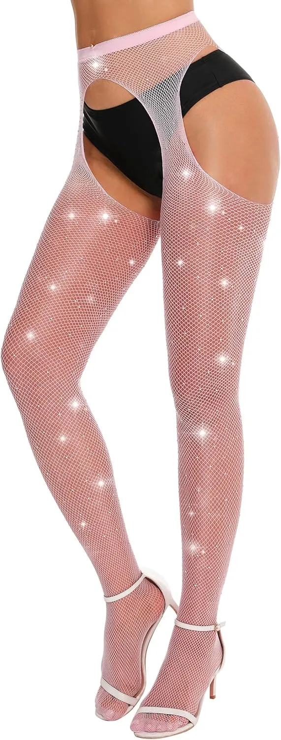 RSLOVE Fishnet Stockings Rhinestone High Waist Tights Pantyhose Women's Sexy Sparkle Stockings