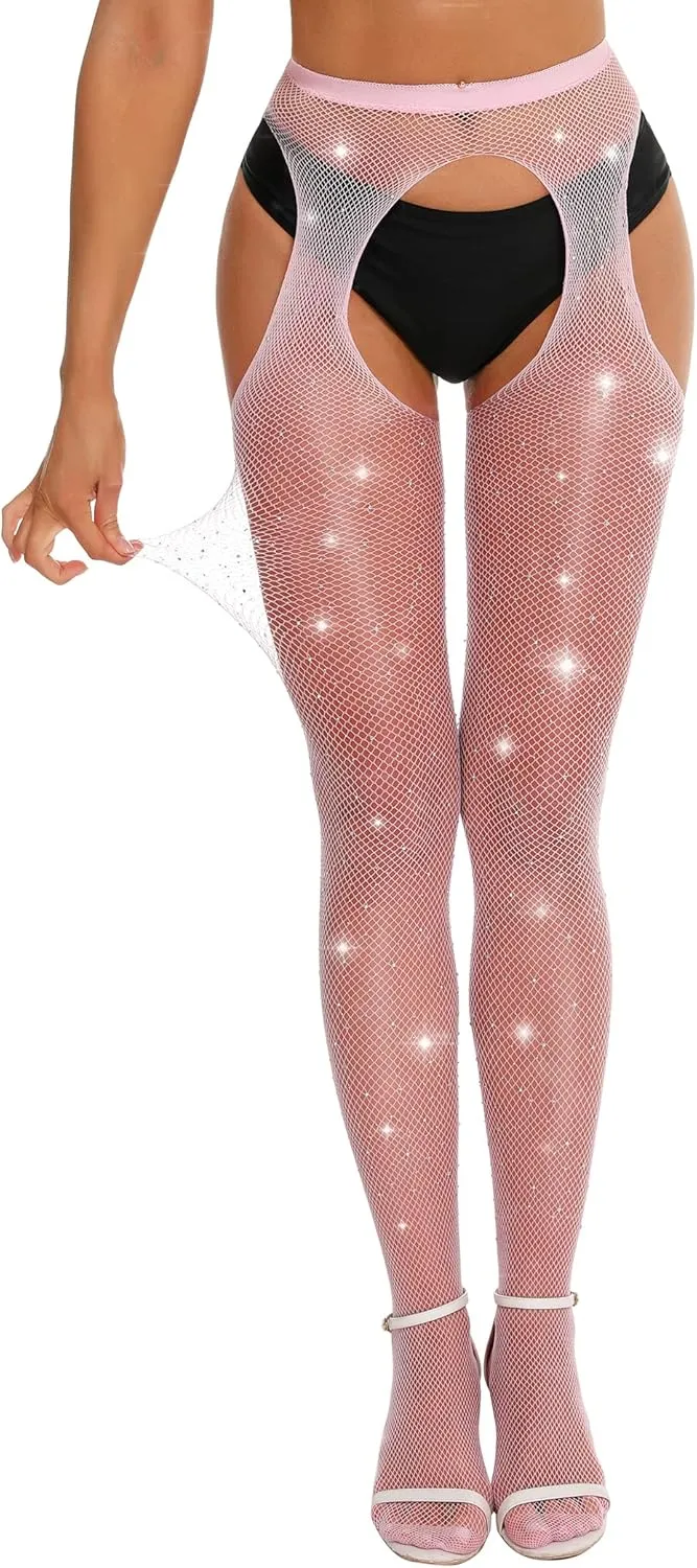 RSLOVE Fishnet Stockings Rhinestone High Waist Tights Pantyhose Women's Sexy Sparkle Stockings